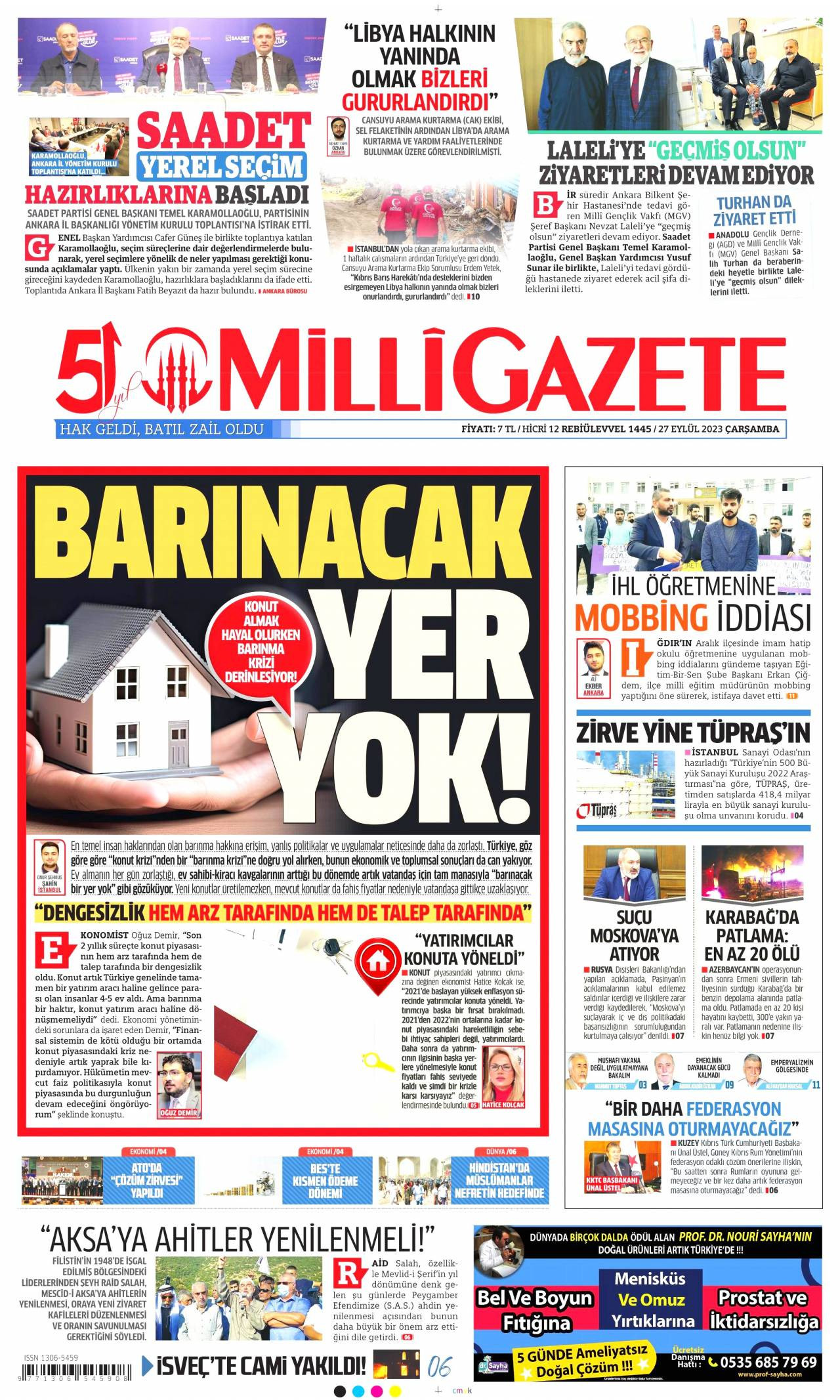 Milli Gazete gazetesi manşet ilk sayfa oku