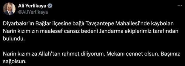 Ali Yerlikaya'nın Narin Güran paylaşımındaki dikkat çeken detay! - Resim : 2