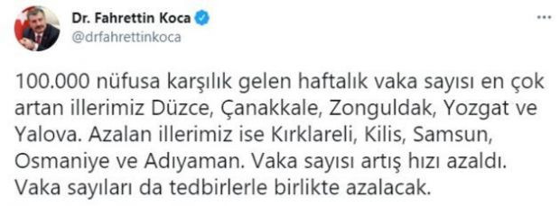 Bakan Koca koronavirüs vaka sayısı en çok artan illeri paylaştı - Resim : 1