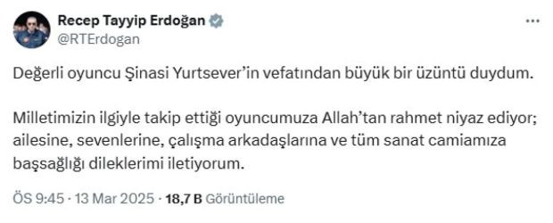 Erdoğan'dan oyuncu Şinasi Yurtsever için taziye mesajı - Resim : 1
