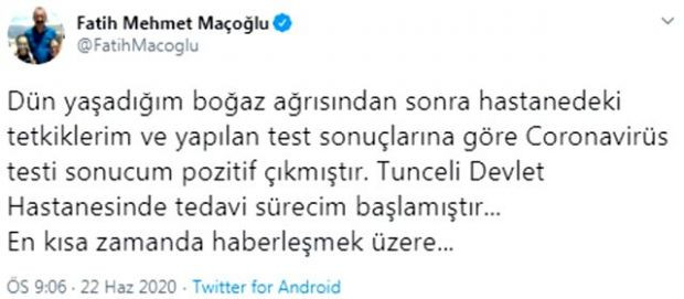 Tunceli Belediye Başkanı koronavirüse yakalandı - Resim : 1