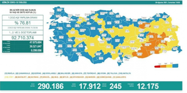 28 Ağustos 2021 koronavirüs tablosu: 245 can kaybı, 17 bin 912 yeni vaka - Resim : 1