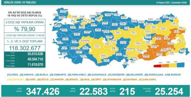 13 Kasım 2021 koronavirüs tablosu: 215 can kaybı, 22 bin 583 yeni vaka - Resim : 1