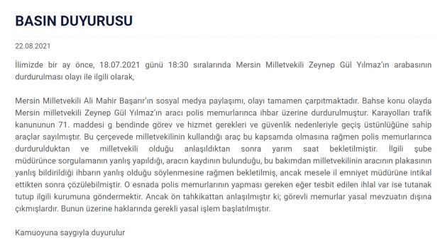 Milletvekilinin aracını durduran polislerle ilgili Mersin Valiliği'nden açıklama - Resim : 1