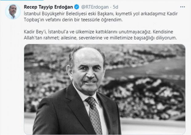 Cumhurbaşkanı Erdoğan'dan Kadir Topbaş paylaşımı; İstanbul'a ve ülkemize kattıklarını unutmayacağız - Resim : 1