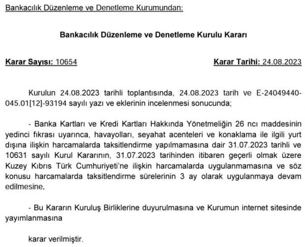 BDDK'dan çok önemli KKTC kararı! Taksitli seyahat harcaması yapılabilecek - Resim : 1