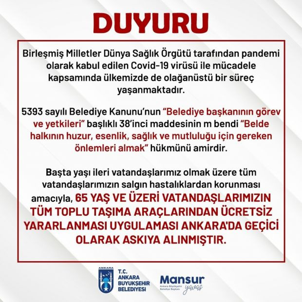 Ankara'da 65 yaş üstüne ücretsiz uygulaması geçici olarak durduruldu - Resim : 1