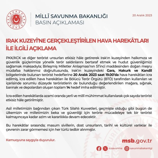 Irak'ın kuzeyine hava harekatı! 14 hedef yerle bir edildi - Resim : 1