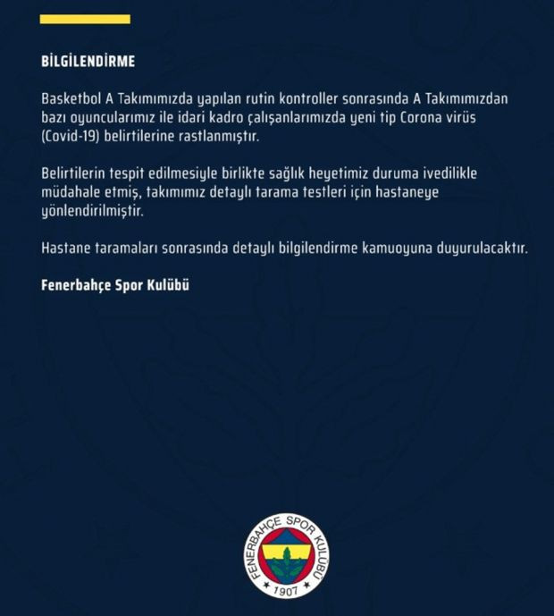 Fenerbahçe Beko'dan flaş açıklama! Bazı basketbolcularda koronavirüs belirtilerine rastlandı - Resim : 1