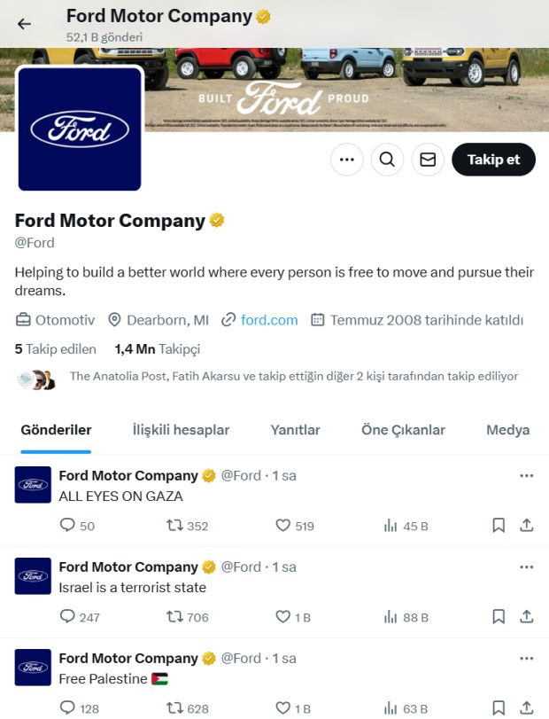 İsrail karşıtı paylaşımlar gündem oldu! Ford'un sosyal medya hesabı mı hacklendi? - Resim : 1