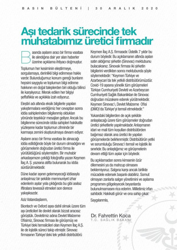 Sağlık Bakanı Koca'dan 'aşı tedarikinde aracı firma' iddialarına ilişkin açıklama - Resim : 1