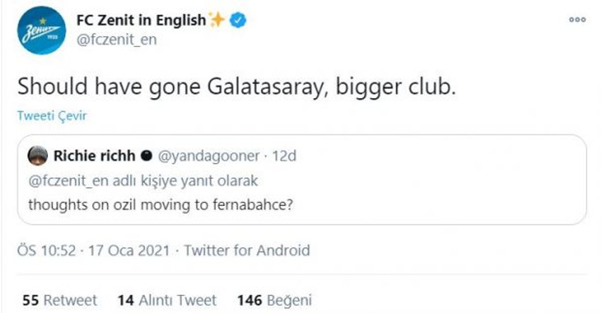 Zenit'ten Mesut Özil paylaşımı! 'Galatasaray'a gitmeliydi, daha büyük kulüp' - Resim : 1