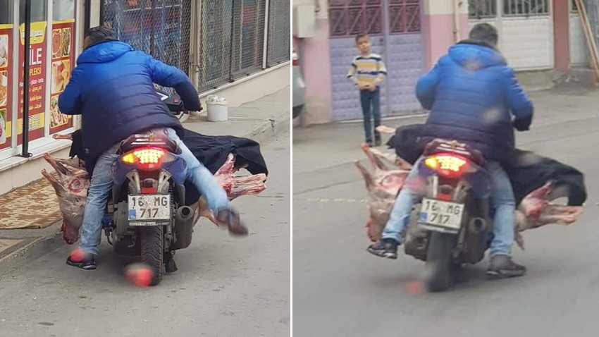 Bursa'da akılalmaz görüntüler! Motosikletine yüklediği ambalajsız et ile yolculuk yaptı
