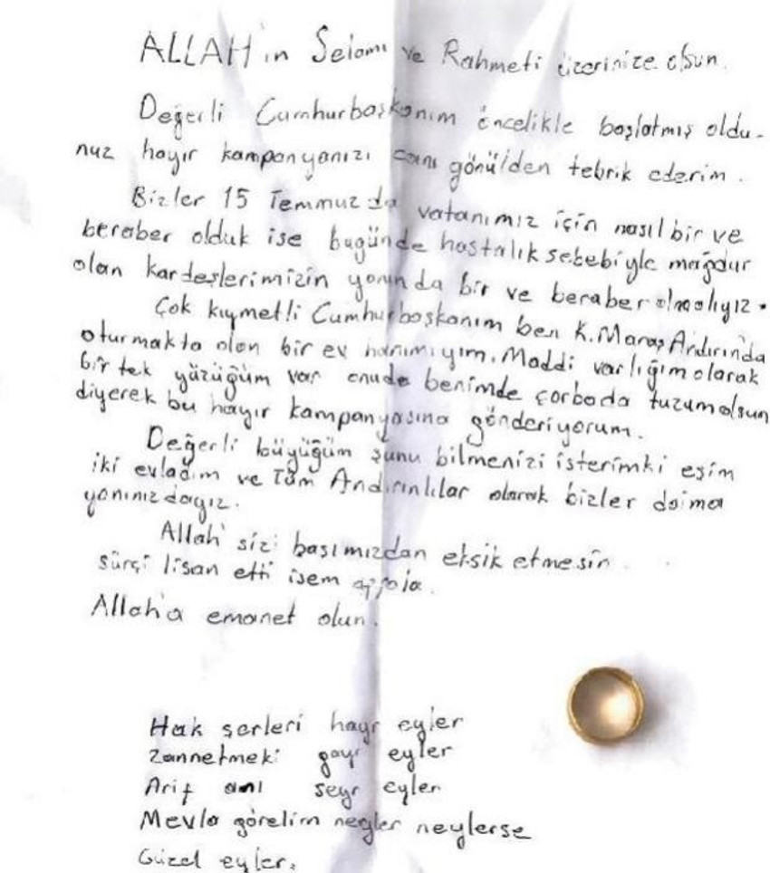 Erdoğan, Milli Dayanışma Kampanyası'na yüzüğünü göndererek destek olan kadını aradı: Unutmamız mümkün değil - Resim : 1