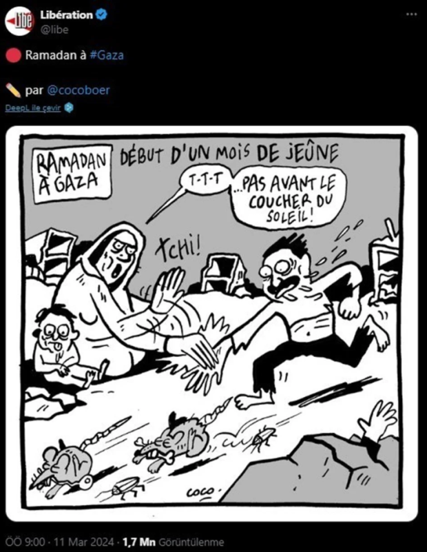 Fransız gazetesinden ırkçı karikatür: Gazzelilerin açlıkla mücadelesiyle dalga geçti - Resim : 1