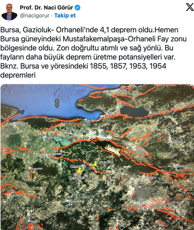 Bursa'da deprem oldu, Prof. Dr. Naci Görür fay hatlarını işaret ederek uyardı - Resim : 1