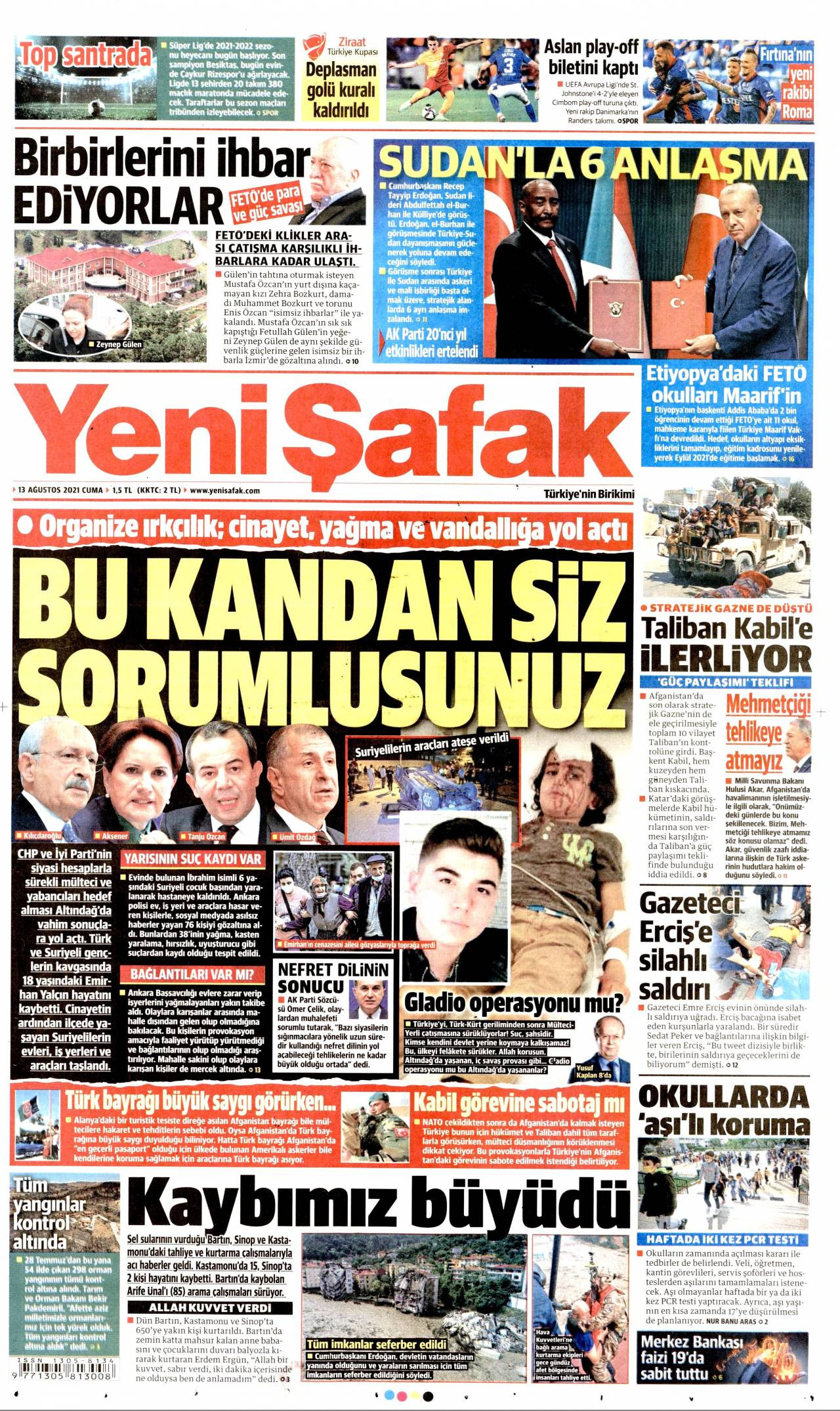 Yeni Şafak Gazetesi Manşeti Yeni Şafak Gazetesi oku 13 Ağustos 2021