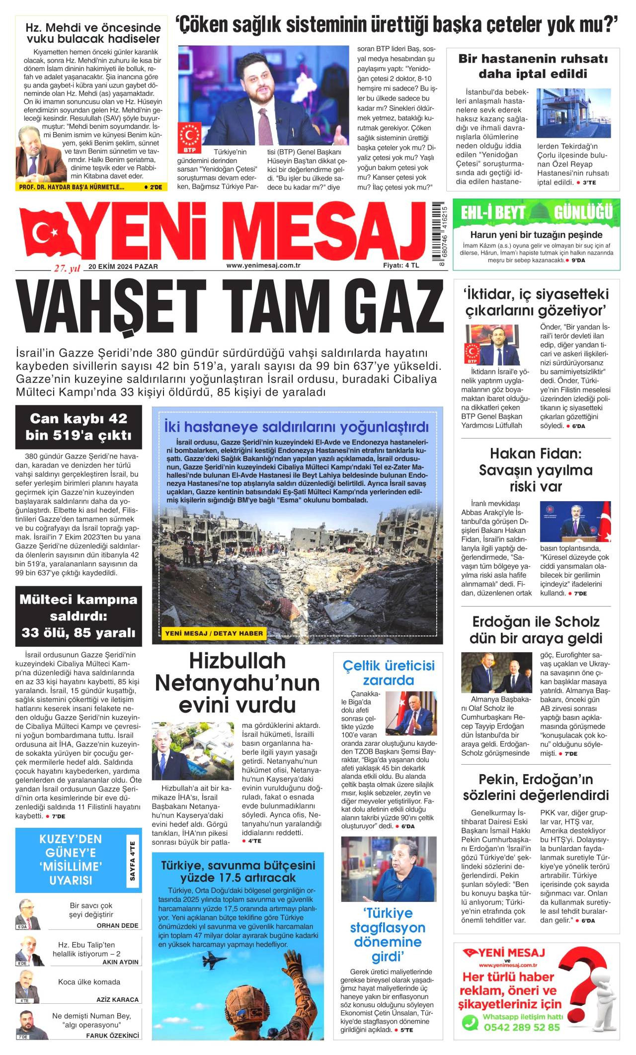 Yeni Mesaj  Gazetesi Manşeti