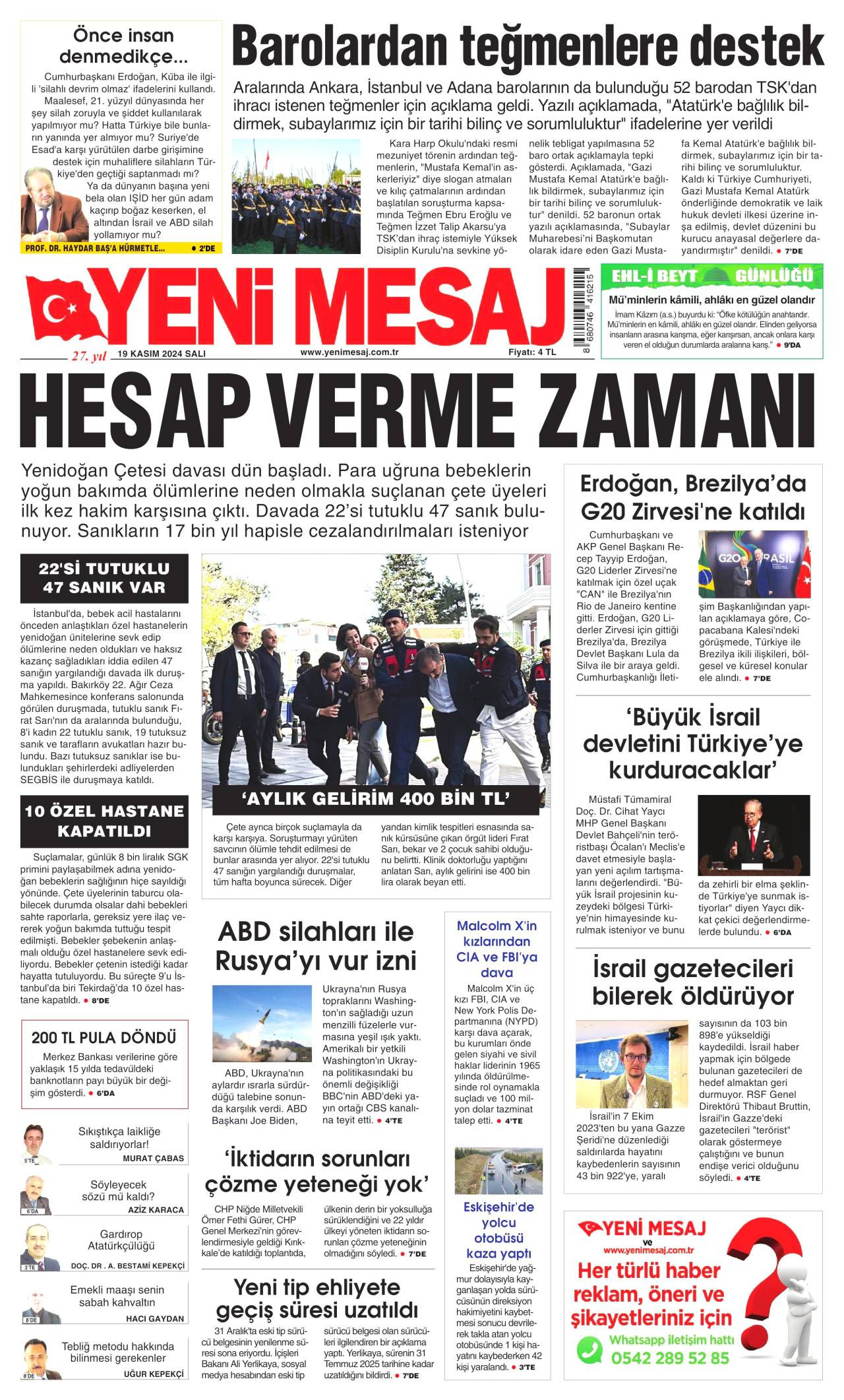 Yeni Mesaj  Gazetesi Manşeti