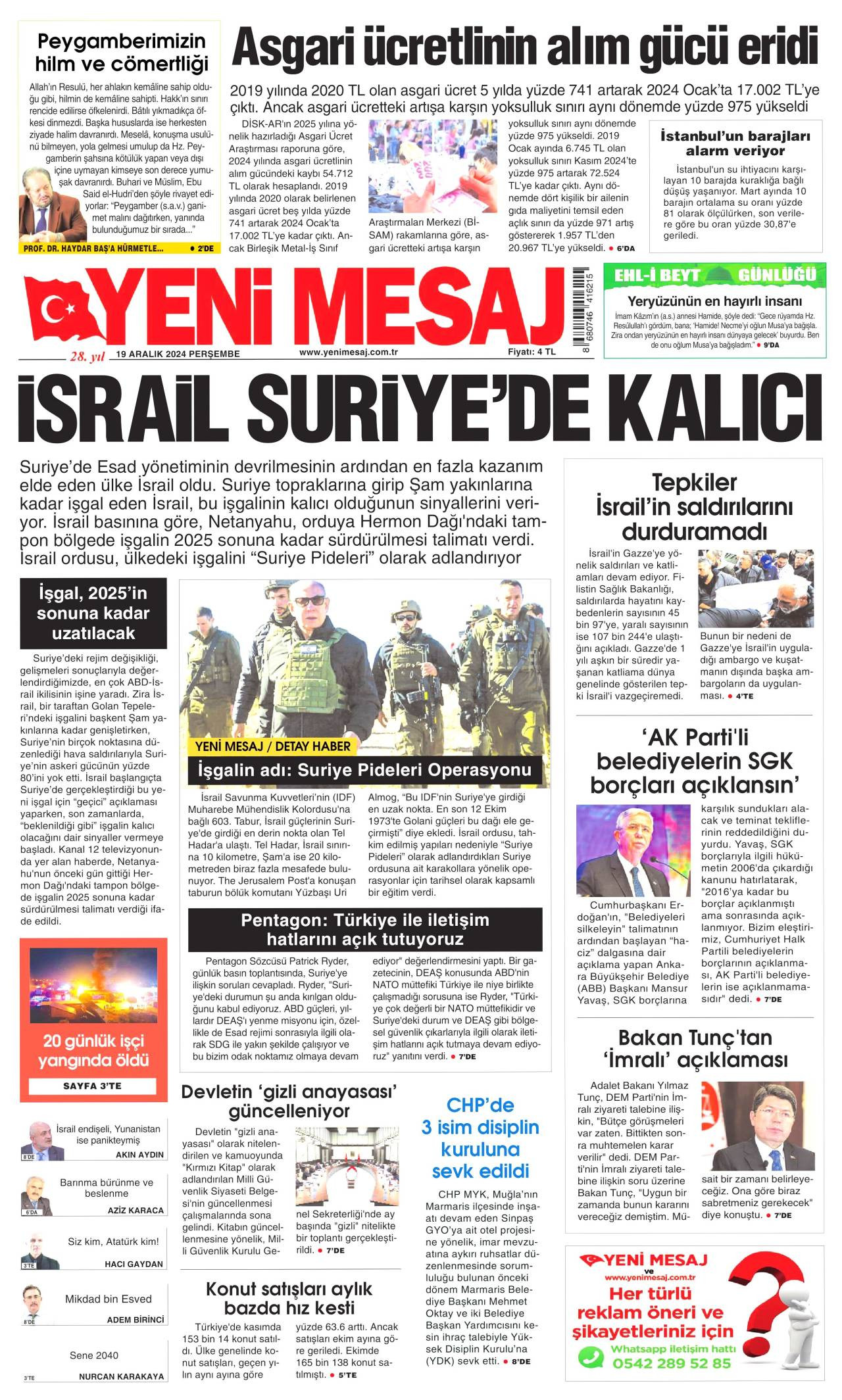 Yeni Mesaj  Gazetesi Manşeti