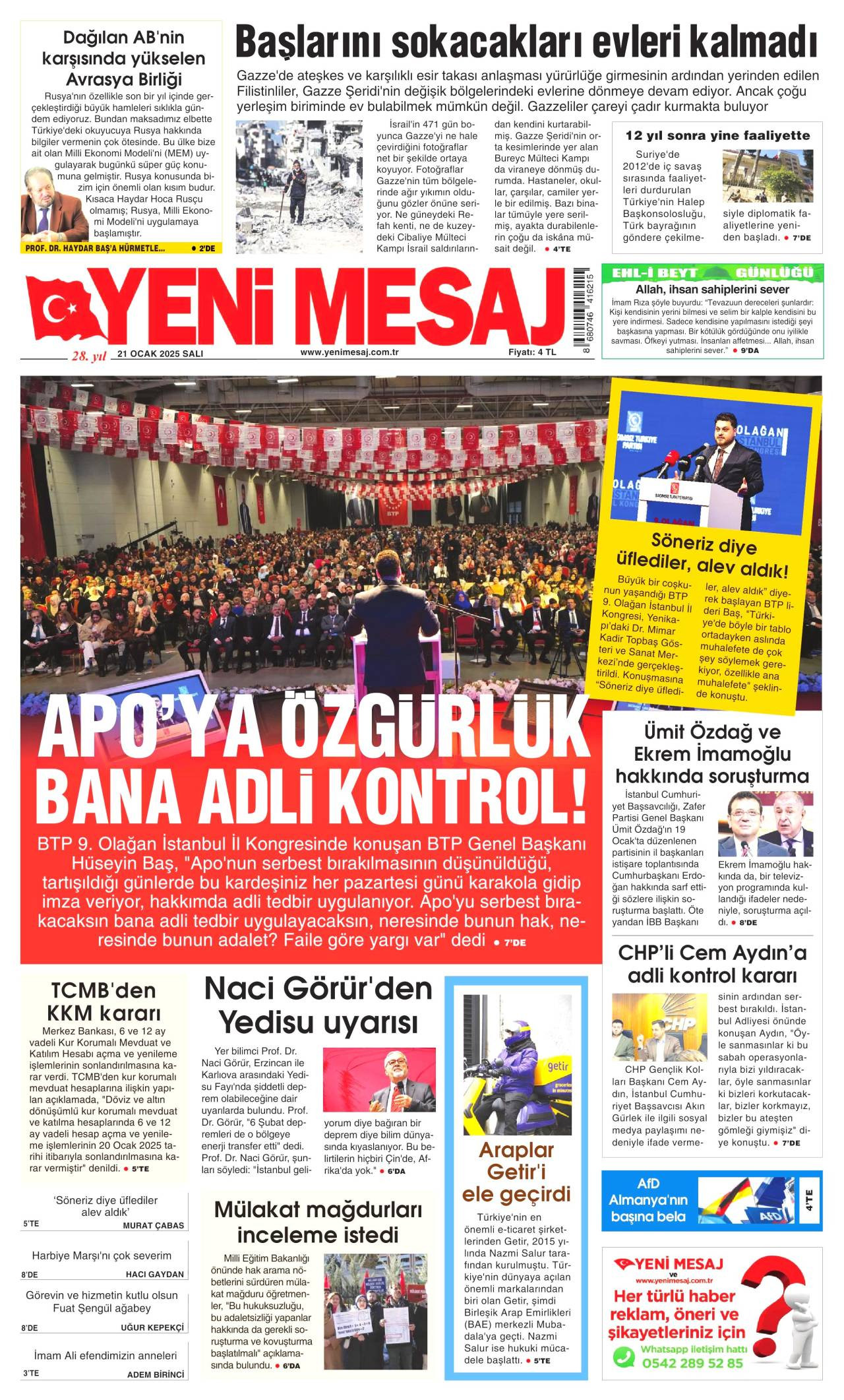 Yeni Mesaj  Gazetesi Manşeti