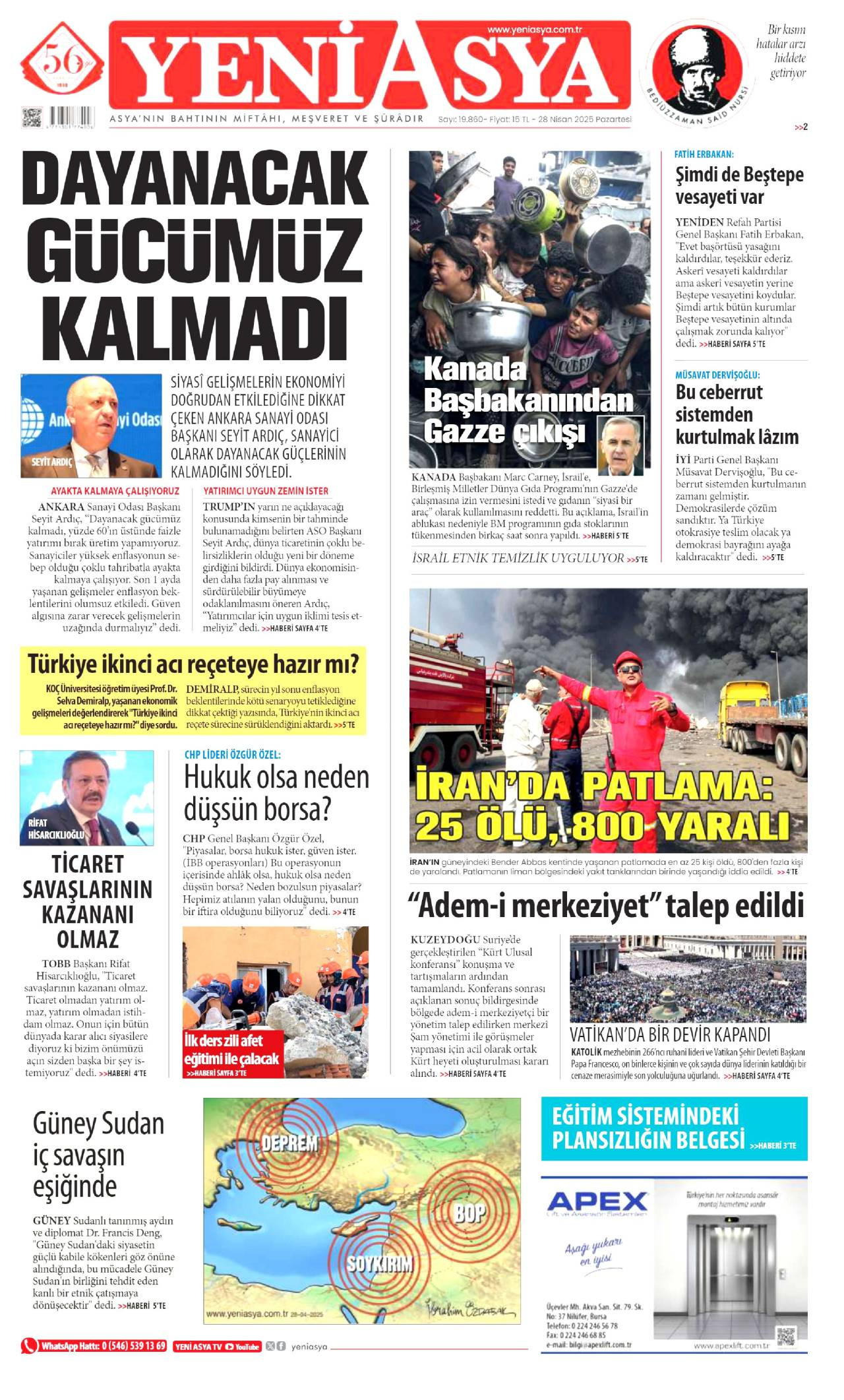 Yeni Asya Gazetesi Manşeti