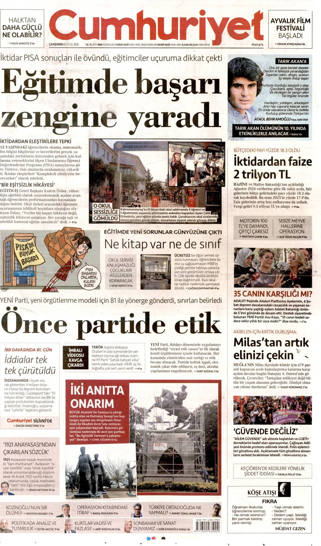 Cumhuriyet Gazetesi Manşeti