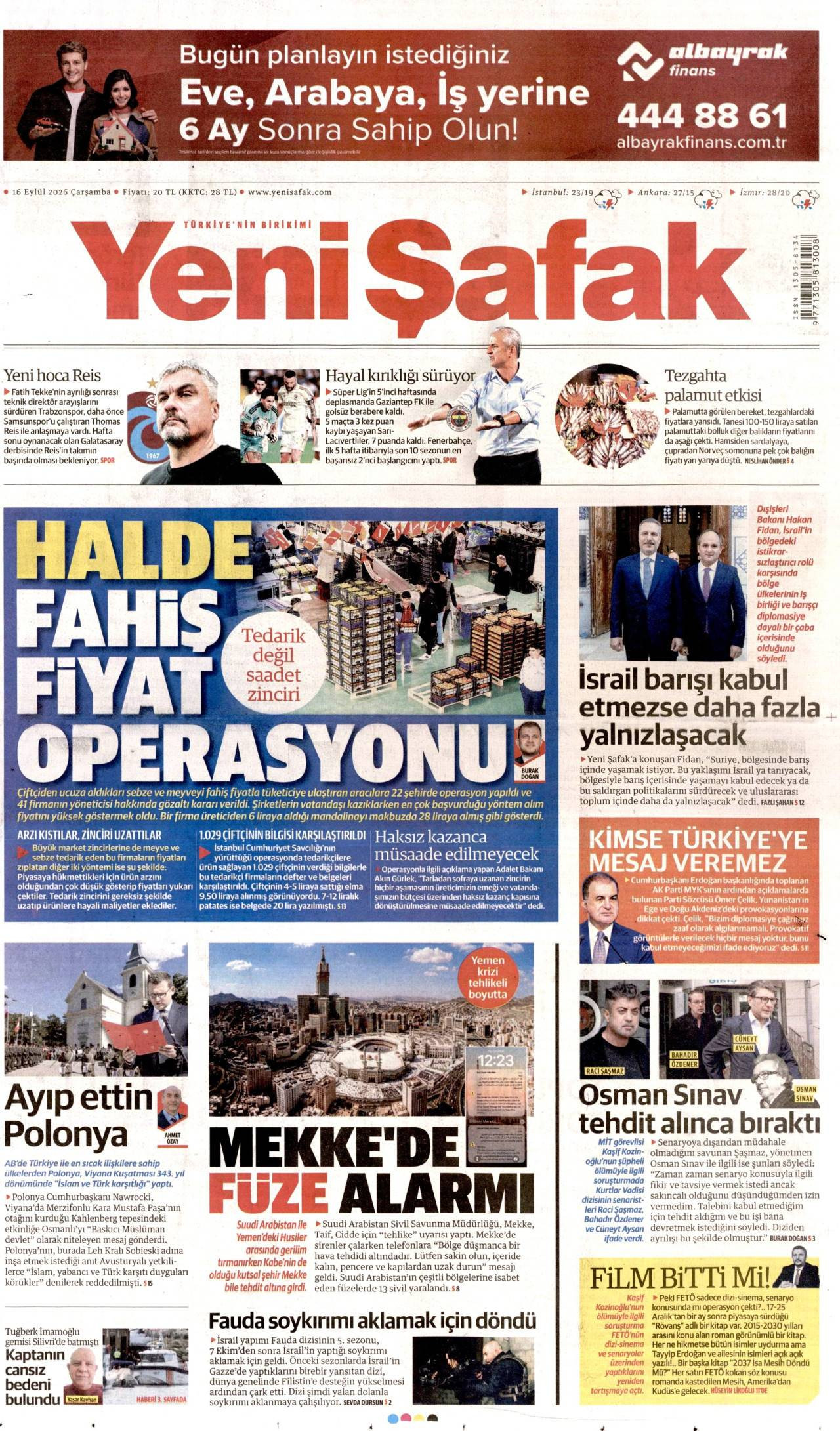 Yeni Şafak Gazetesi Manşeti